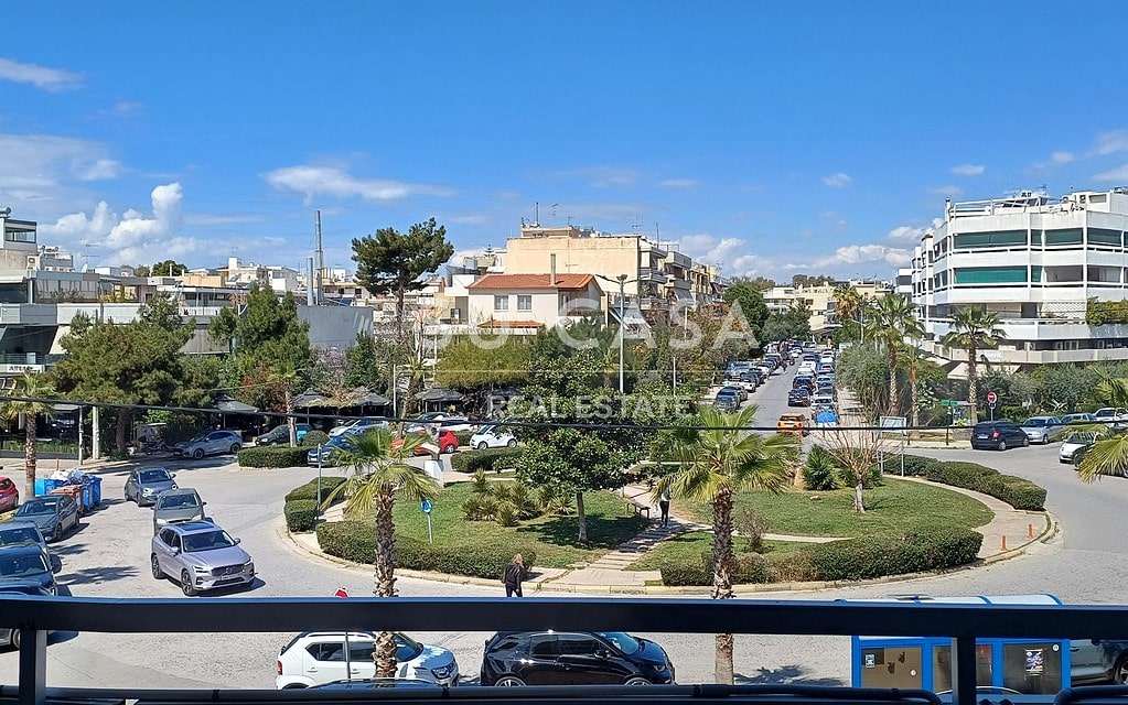 Άποψη του πάρκου και της γύρω περιοχής με δρόμο και κτίρια στην πόλη.