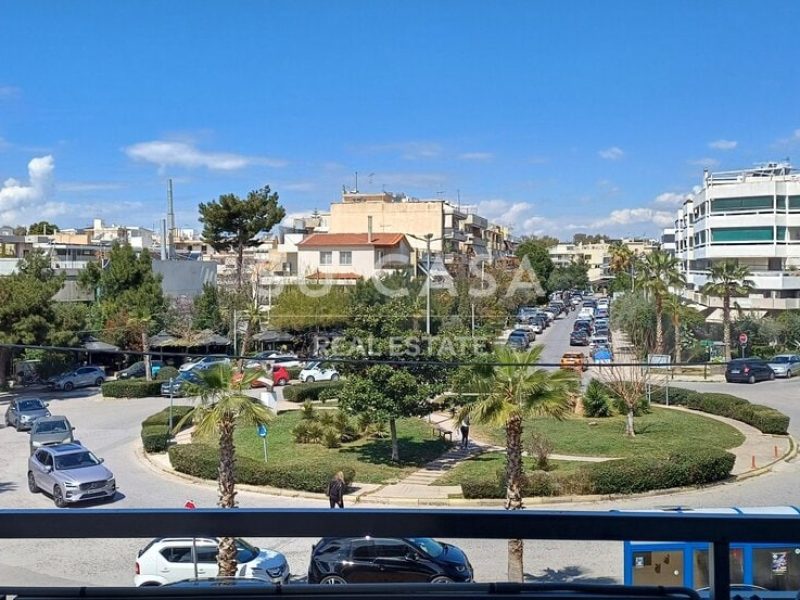Άποψη του πάρκου και της γύρω περιοχής με δρόμο και κτίρια στην πόλη.